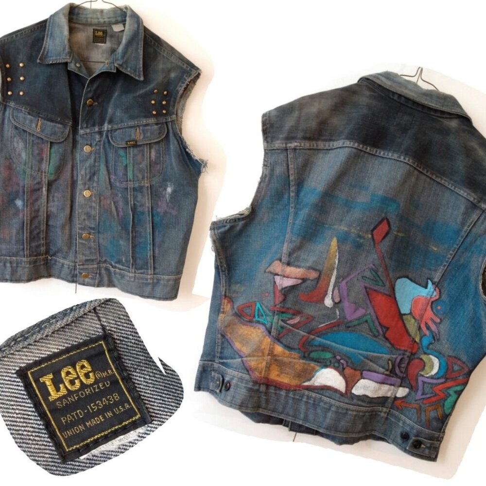 Vintage Denim Jean Jacket Vest Hand Painted XL 46" Chest "Lee Riders" - Picture 11 of 11